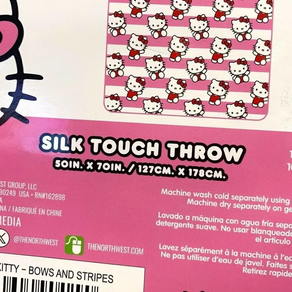 Hello Kitty Striped Pink White Silk Touch Throw Blanket Brand New with Tags